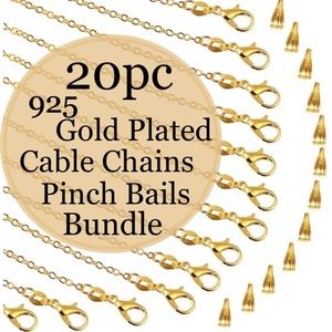 20pc 925 Gold Plated Cable Chains & Pinch Bails Jewelry Making Bundle diy Lot